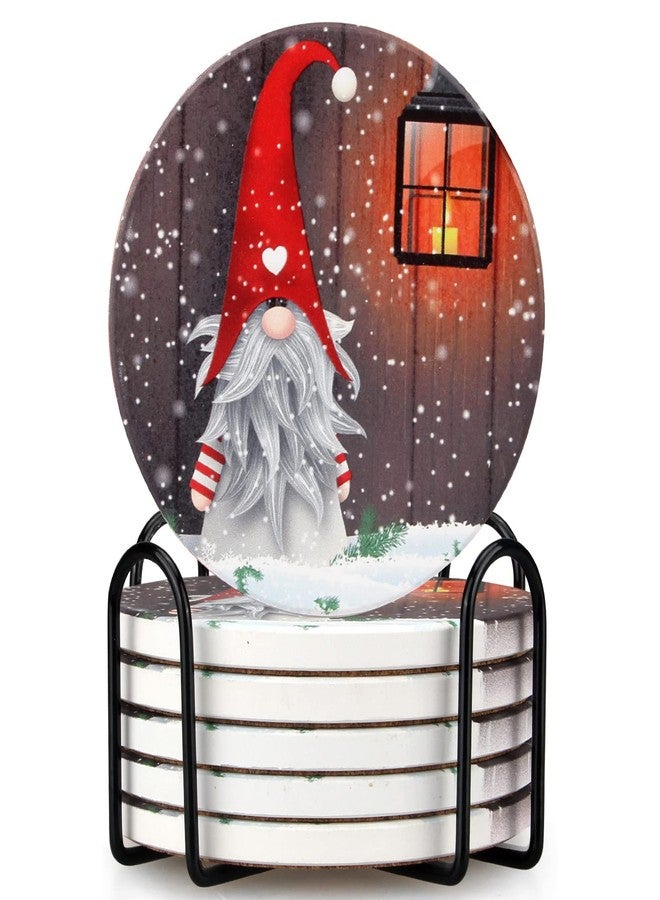 Dksyee 6 Pcs Ceramic Christmas Gnome Coasters with Holder Best Absorbent Coasters Round Drink Christmas Coaster Xmas Vintage Coffee Table Cup Coaster Set for Decor, Living Room, Desk - Image 1